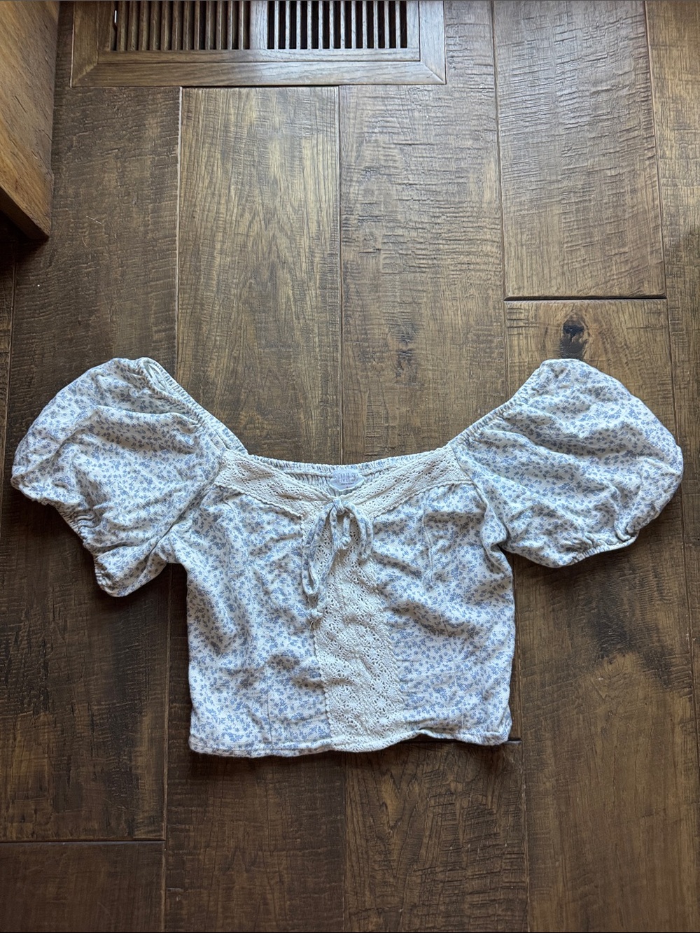 Sienna Sky Blue Floral Puff Sleeve Tie-Front Crop Top
